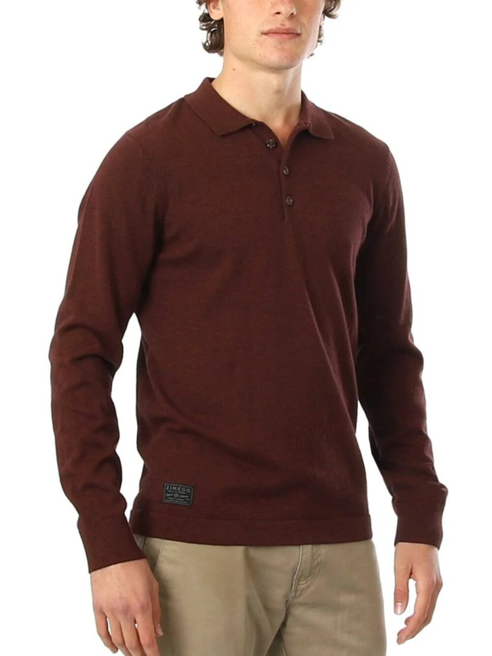 Zimego Maroon Qtr Button Long Sleeve Polo/36379